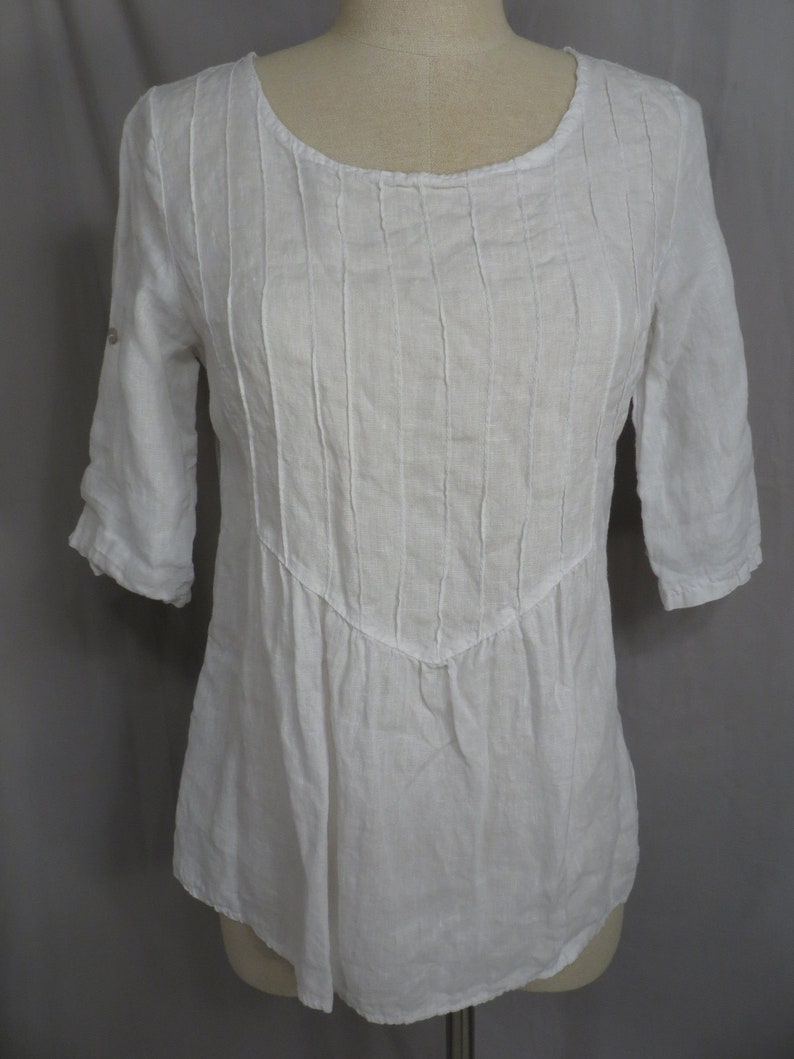Italian Linen Cream White Vintage Blouse 90/'s Short Sleeve Feminine Made in Italy Bohemian Boho M Lina Tomei