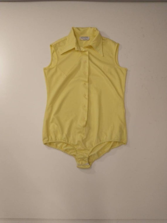 Vintage 70's Bright Yellow Stretch Bodysuit Colla… - image 1