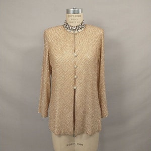 Designer Silk Beaded Tunic Length Jacket Soft Gold Color Vintage 80&#39;s Rickie Freeman for T.J. Nites Subtle & Unique