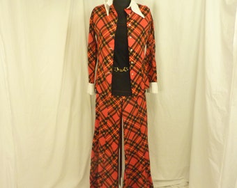 Authentic Vintage Sixties Seventies Red Plaid Pant Set Mod Sm XS Palazzo 4 Piece All Original Suit 60's 70's