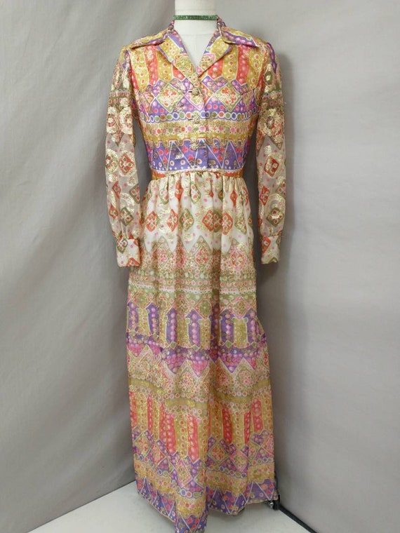 70's Metallic Colorful Dress Vintage Seventies Lo… - image 2