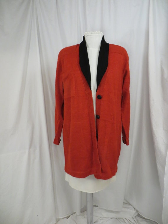 Red Knit Sweater Jacket Black Trim Dressy Business