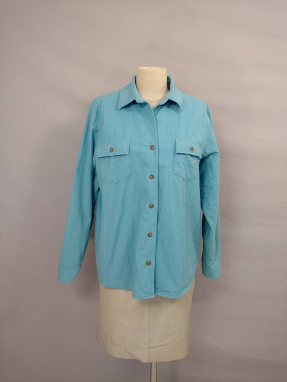 L L Bean Aqua Turquoise Cotton Chamois Flannel Bu… - image 1