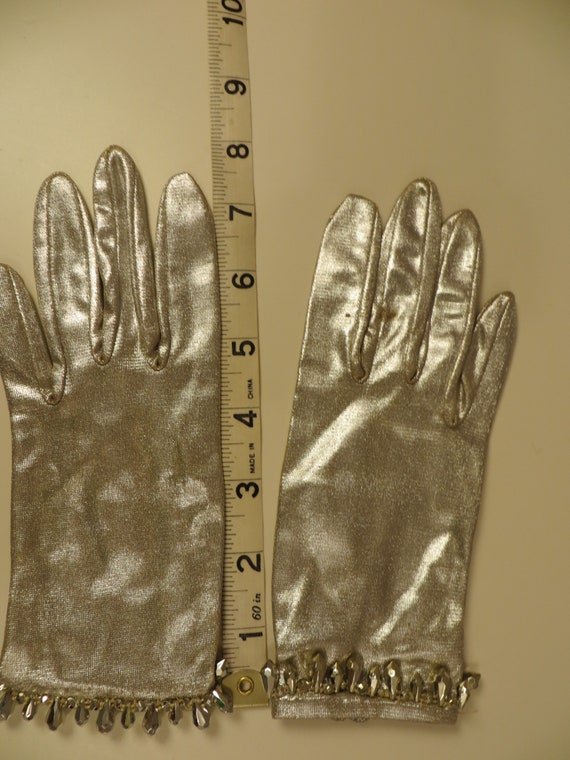 Vintage Silver Lame with Beads Gloves Soft Unusua… - image 4