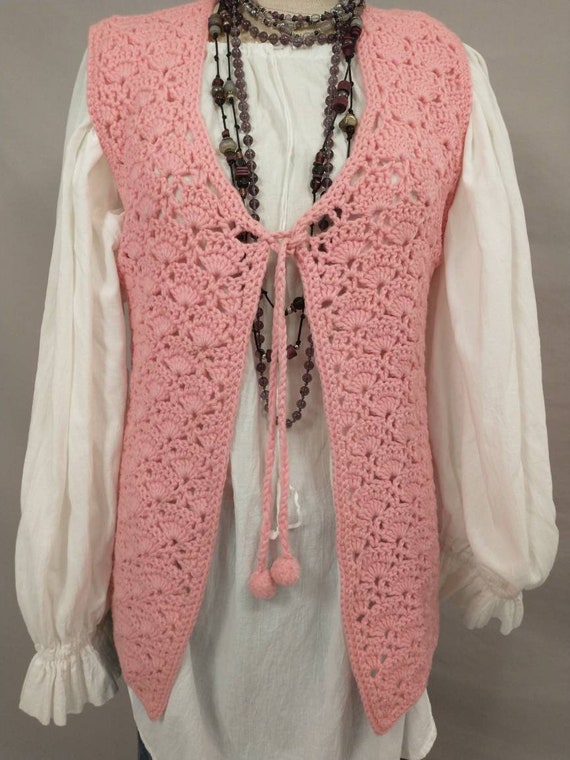 Pink Hand Knit Long Sweater Vest Handmade Vintage… - image 2