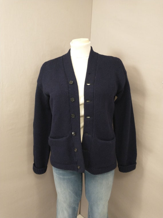 Early Varsity Cardigan Sweater Thick Wool Navy Bl… - image 1