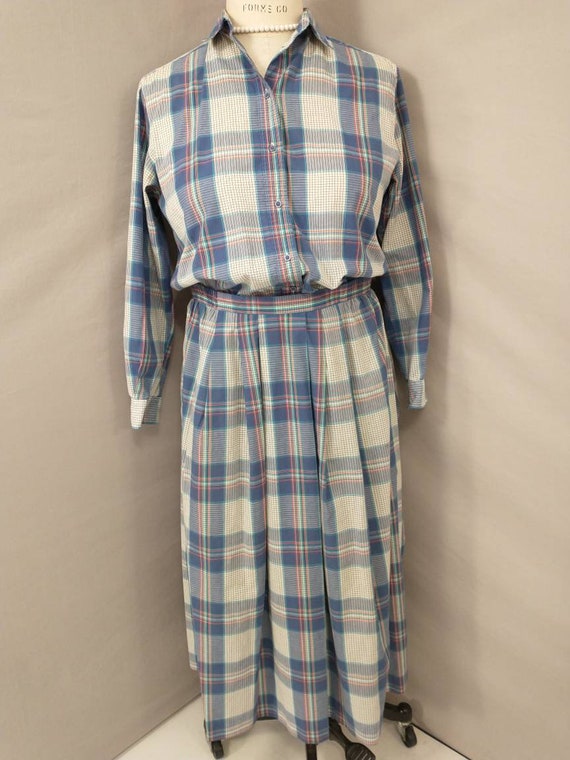 80's Plaid Cotton Set Skirt and Blouse Vintage Ei… - image 2