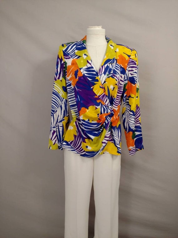 Dramatic Floral Wrap Blouse Vintage Feminine Top … - image 1