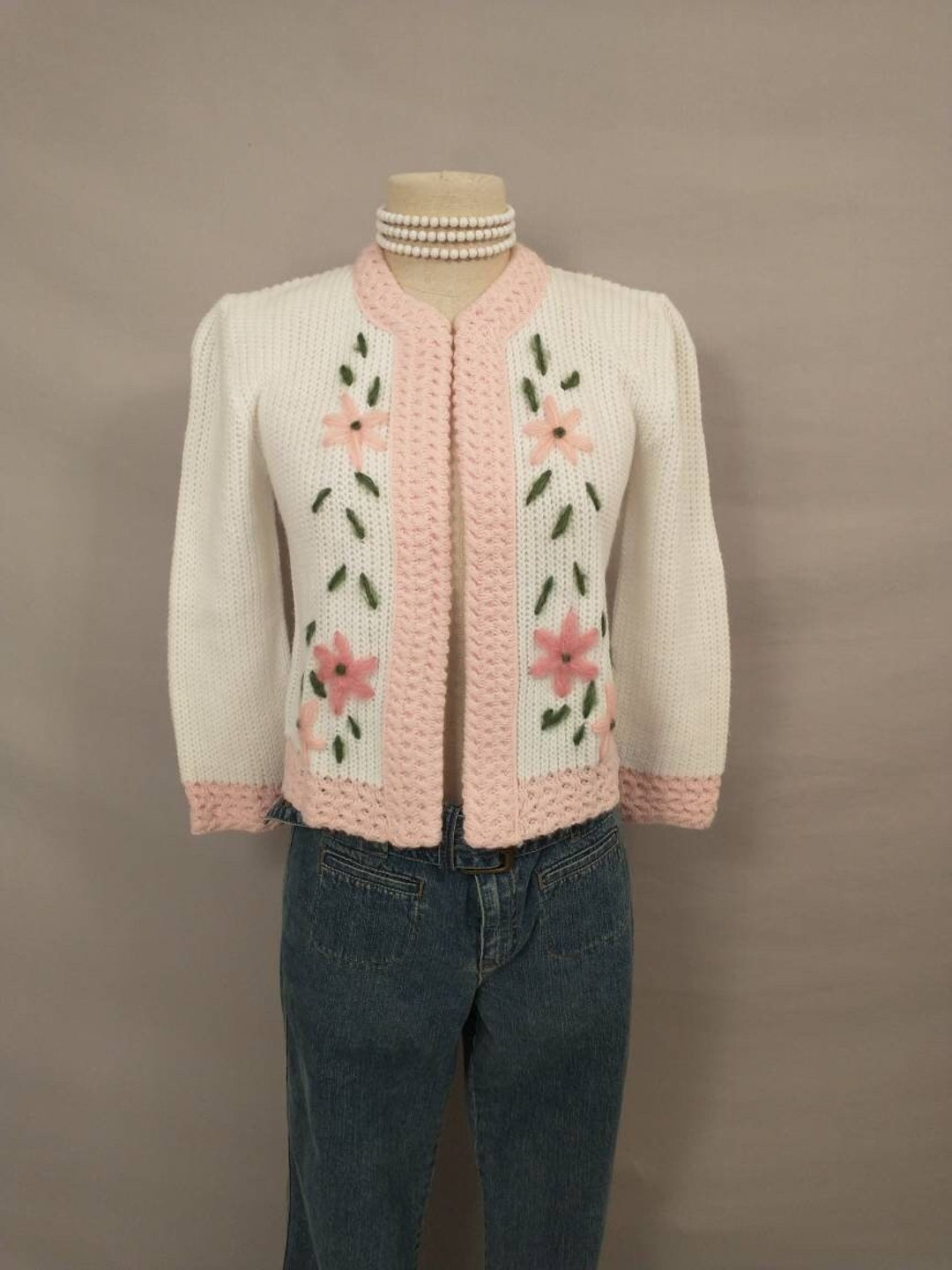 60's Pink Flowers on White Cardigan Sweater Feminine - Etsy