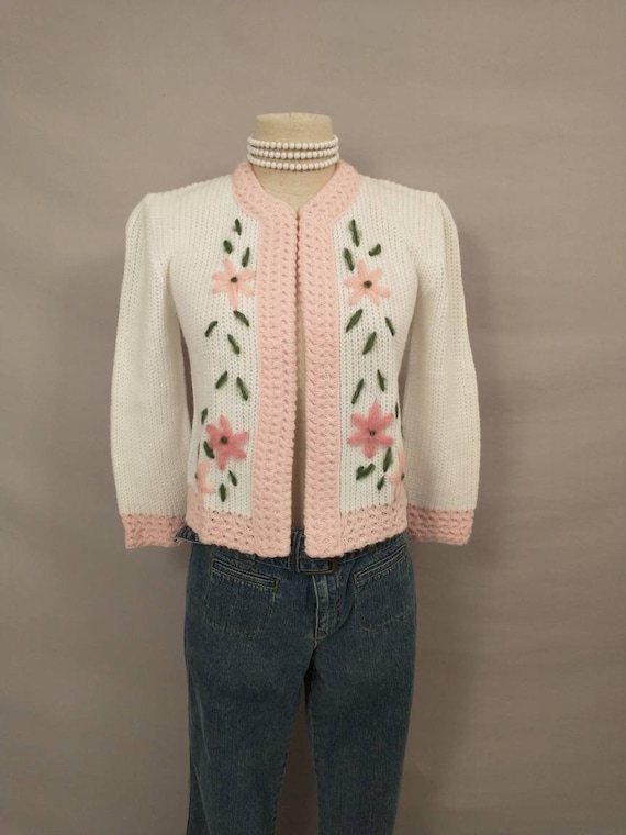 60's Pink Flowers on White Cardigan Sweater Feminine | Etsy