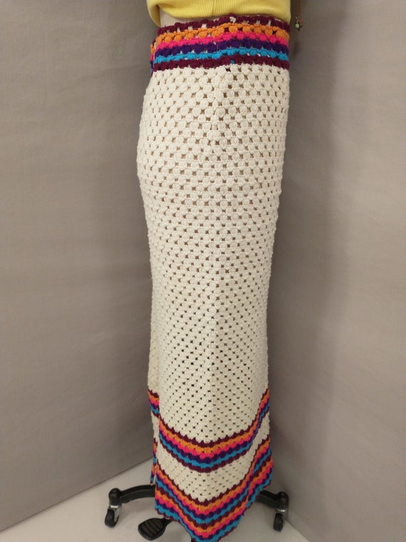 70s Crochet Mod Maxi Skirt Handmade Bright Rainbo… - image 4
