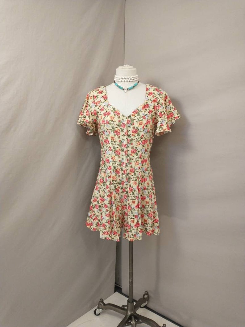 Adorable Vintage Eighties Small Short Mini Dress Romper by Hana USA Made Pink Floral Rayon 80/'s
