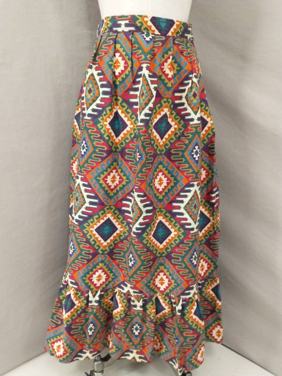 Vintage Native Print Maxi Skirt Handmade Bright Colorful