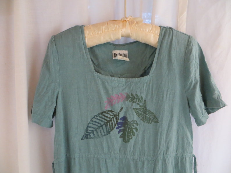 USA Made Linen Pale Aqua Turquoise Vintage 90/'s Nina Piccalino Long Dress Painted Loose Unstructured Minimalist Artsy Comfortable