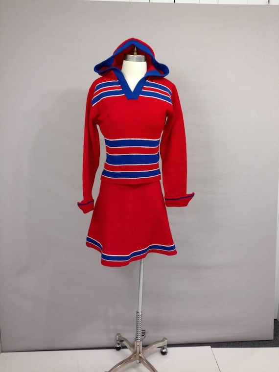 On Hold 60 s Cheerleader Set Authentic Vintage Sixties Small Short Mini Skirt Hooded Long Sleeve Sweater 1960 s Historical Red White Blue Etsy UK