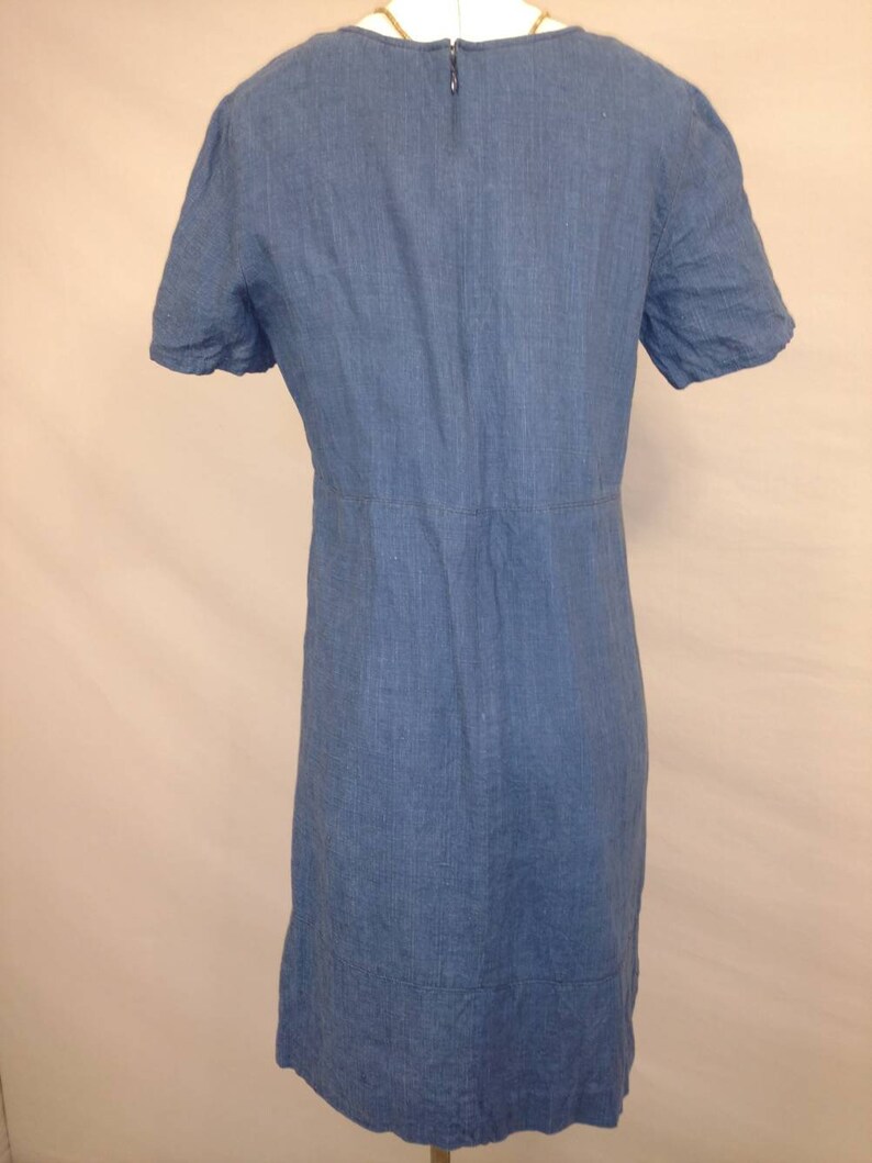 Indigo Linen Dress Vintage 90/'s Midi Knee Length A Line Shift Simple Minimalist Woven Denim Fabric Classic /& Comfortable Short Sleeve