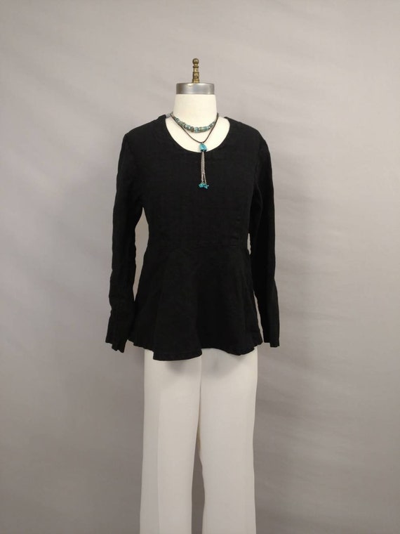 Peplum Black Linen Vintage Blouse 90's Long Sleeve