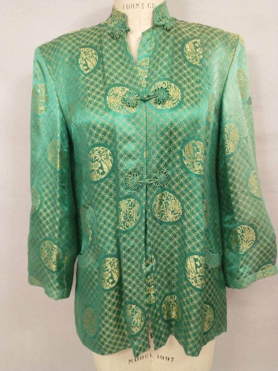 Old Silk Green Satin Chinese Jacket Gorgeous Tail… - image 2