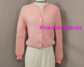 Pink & White 50's Cardigan Sweater Feminine Classic Style Vintage Fifties Buttons Open Weave Sweet Candy Color