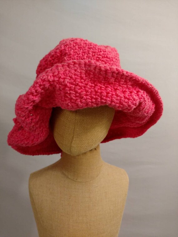 Hand Knit Bright Pink Vintage Floppy Brim Hat OS … - image 3