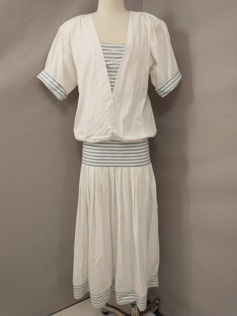 Low Drop Waist Costume Dress Halloween Twenties Sailor Look 80s Does 20's Creative Possibilities Innocent Flapper White Cotton w Blue Stripe image 2