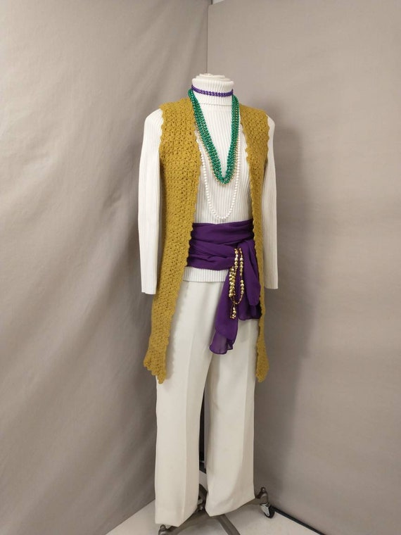 Gold Hand Knit Long Sweater Vest Handmade Vintage… - image 1