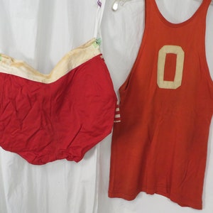 1930's Basketball Antique Athletic Uniform Tank and Shorts Men's Boys Vintage 30's 40's Red & White Legion Post 79 Thirties Sports image 2