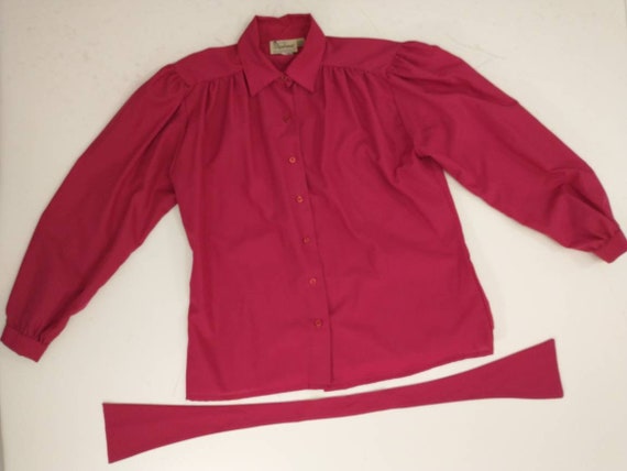 Vintage 80's Dark Pink Blouse Long Puff Sleeve Bu… - image 8