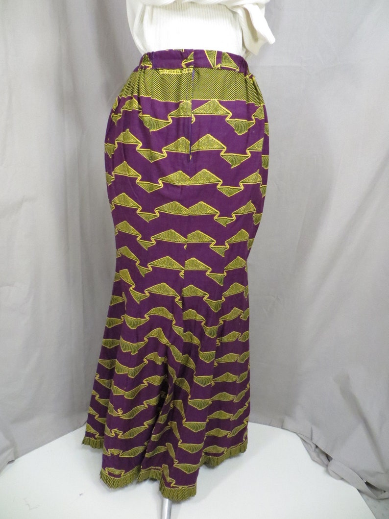 African Cotton Wax Print Mermaid Skirt Purple Gold Bright Colors Akosombo Textiles Ghana Ethnic Cultural Modern Shape Traditional Fabric