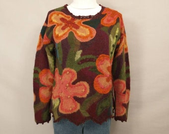 Soft Alpaca Peruvian Connection Knit Sweater Vintage 90's Colorful Warm Beautiful Vibrant Floral Artsy see Measurements