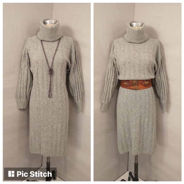 Knit Sweater Dress Vintage Soft Heather Gray Midi Feminine Comfortable Stretchy Versatile Color Made in Itay MkSzM