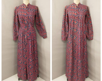 Vintage Block Print Caftan 80's Henri Bendel Long Hostess Dress Rich Colorful Comfortable Cotton Maxi label Syzygy for Little B New York