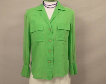 Bright Green 70's Shirt Semi Sheer Eye Catching Lime Grass Green Long Sleeve Seventies Style Lightweight Pockets