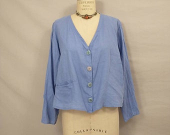 FLAX Periwinkle Blue Linen Shirt Long Sleeve Comfortable Classic Shape V Neck Short Length Lightweight Quality Layering