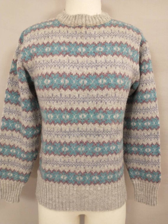 English Wool Pullover Sweater Pretty Gray Aqua & … - image 2