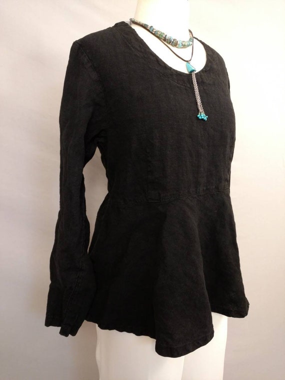 Peplum Black Linen Vintage Blouse 90's Long Sleev… - image 2