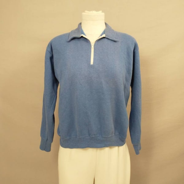 Vintage 80's Sweatshirt Heather Blue Neck Zip Athletic Wear Sportswear Made in USA Comfortable Eighties