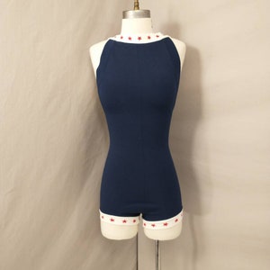 60&#39;s Romper Patriotic Navy Blue Red Stars One Piece Feminine Authentic Sixties Vintage Short Shorts Sleeveless Beach wear Poolside Playsuit