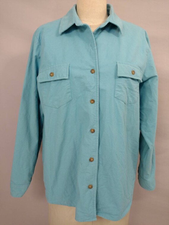 L L Bean Aqua Turquoise Cotton Chamois Flannel Bu… - image 2