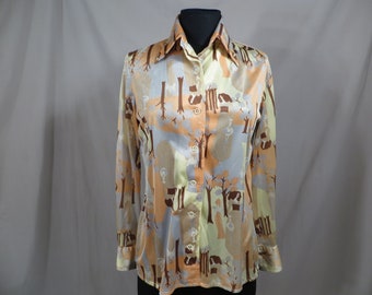 Sixties Vintage Shirt Mid Century Blouse Long Sleeve S Modernist Woman Theme Graphic Print by That Girl Miami Authentic Mod Button Down