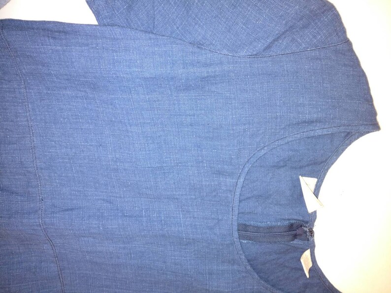 Indigo Linen Dress Vintage 90/'s Midi Knee Length A Line Shift Simple Minimalist Woven Denim Fabric Classic /& Comfortable Short Sleeve