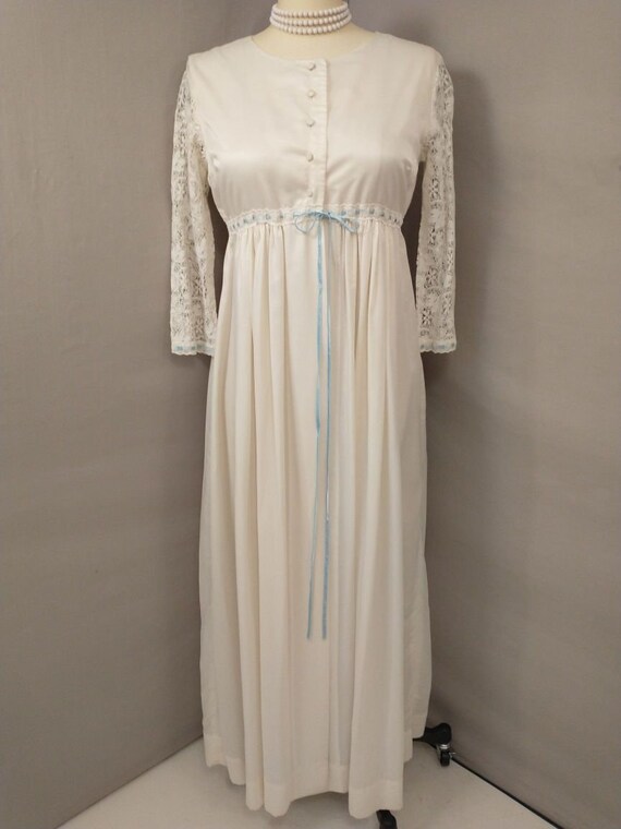 60s Feminine Ivory Robe Lace Sleeve Blue Ribbon T… - image 3