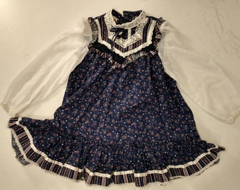 Gunne Sax Prairie Dress Girls sz 6 Jeunes Filles Feminine Floral Sweet Lace and Ribbon Washable Calico with Flowers Not Perfect made in USA