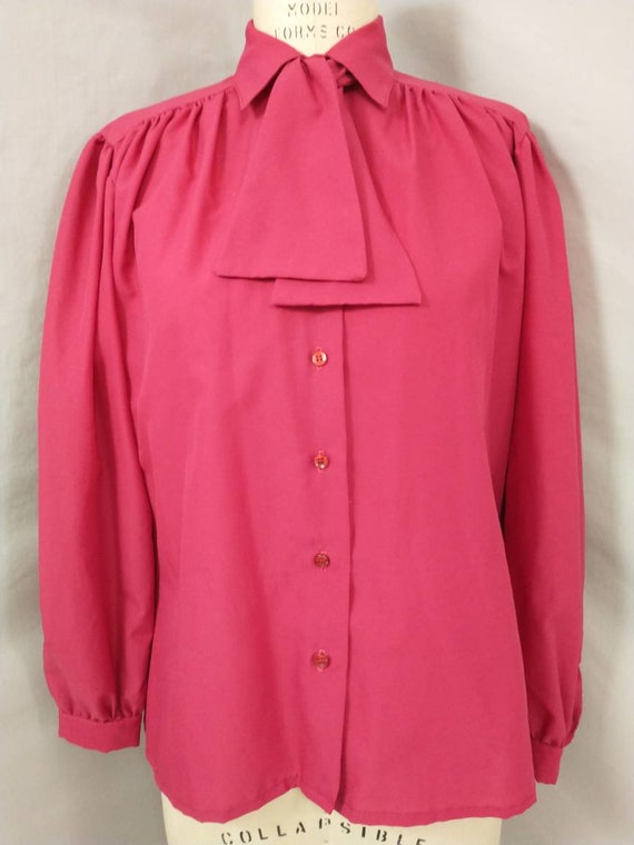 Vintage 80's Dark Pink Blouse Long Puff Sleeve Bu… - image 2