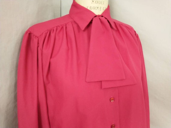 Vintage 80's Dark Pink Blouse Long Puff Sleeve Bu… - image 3