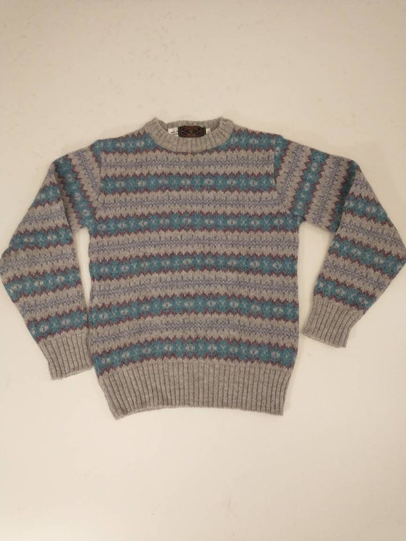 English Wool Pullover Sweater Pretty Gray Aqua & … - image 6