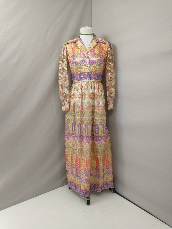 70's Metallic Colorful Dress Vintage Seventies Lon
