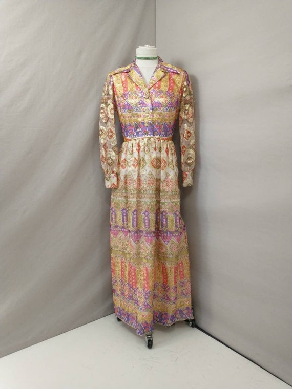 70's Metallic Colorful Dress Vintage Seventies Lo… - image 1