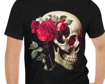 Skull Shirt | Skull and Roses Shirt | Skull Flower Shirt | Halloween Shirt | Unisex - Men and Woman's Jersey Short Sleeve Tee |