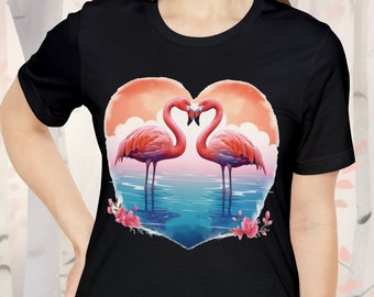 Camisa Lovebirds Sunset / Camiseta Flamingo Pair / Flamencos de San Valentín / Ropa de playa para parejas / Unisex- Camiseta de manga corta Jersey para hombres y mujeres